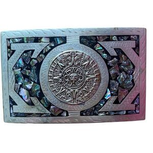 Vintage Mexican Silver And Abalone Belt Buckle Shell The Aztec Calander vtg